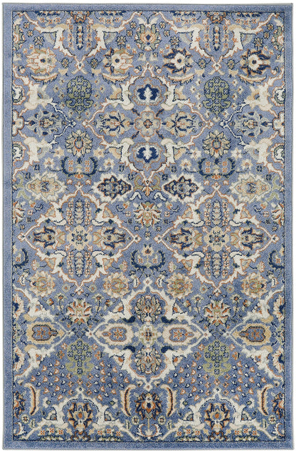 Blue and ivory Persian-inspired rug with intricate floral medallion pattern and bordered edges.