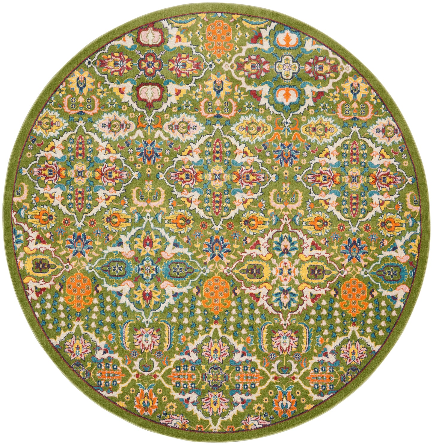 Round oriental rug for floors with olive-green field, vibrant multicolor floral lattice, green border.