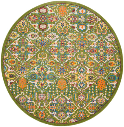 Round oriental rug for floors with olive-green field, vibrant multicolor floral lattice, green border.