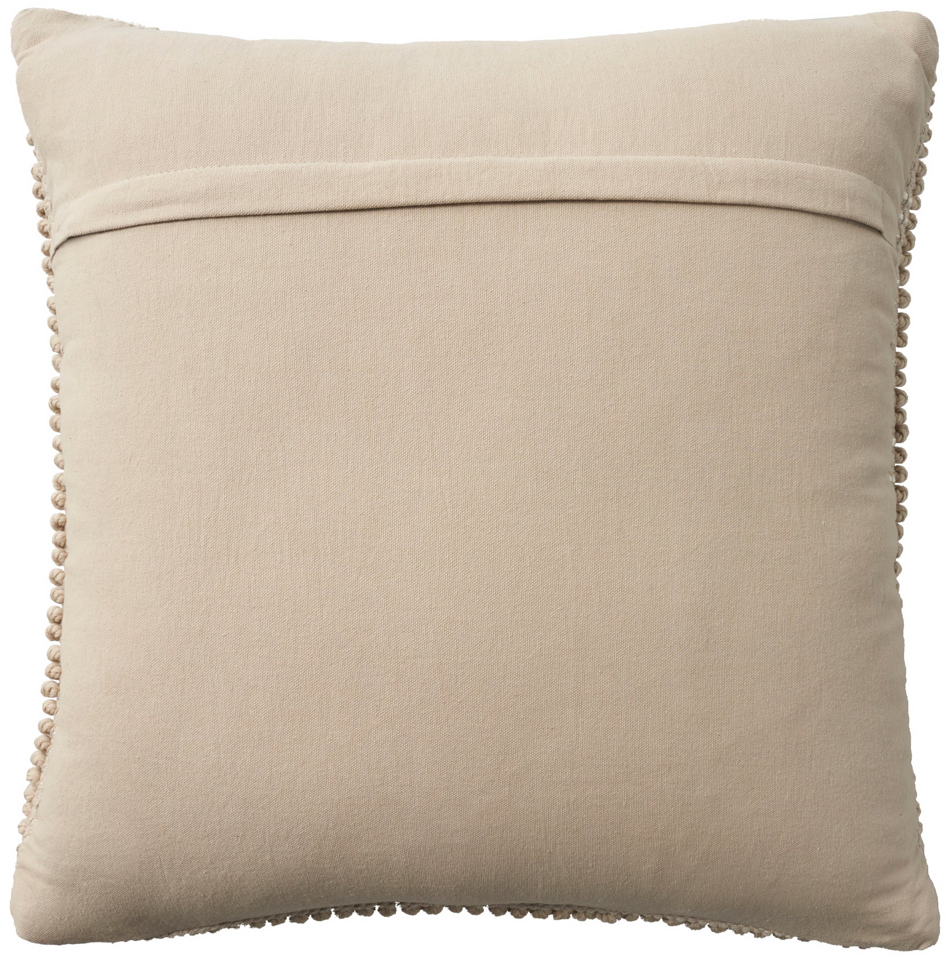 Beige square throw pillow with cream pom-pom fringe along edges; soft linen-like fabric.