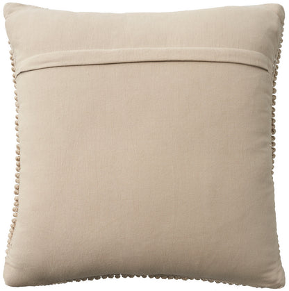 Beige square throw pillow with cream pom-pom fringe along edges; soft linen-like fabric.