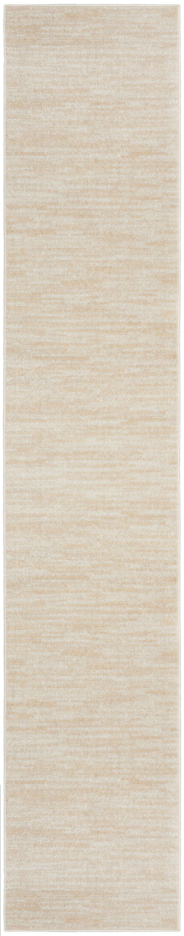 Beige marled outdoor runner rug with a soft low-pile texture and light border; 14' long.