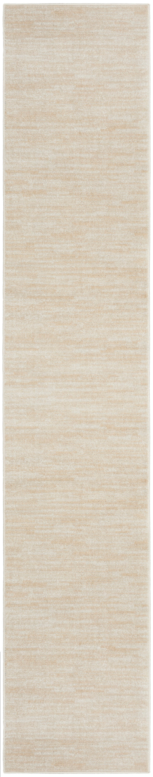 Beige marled outdoor runner rug with a soft low-pile texture and light border; 14' long.