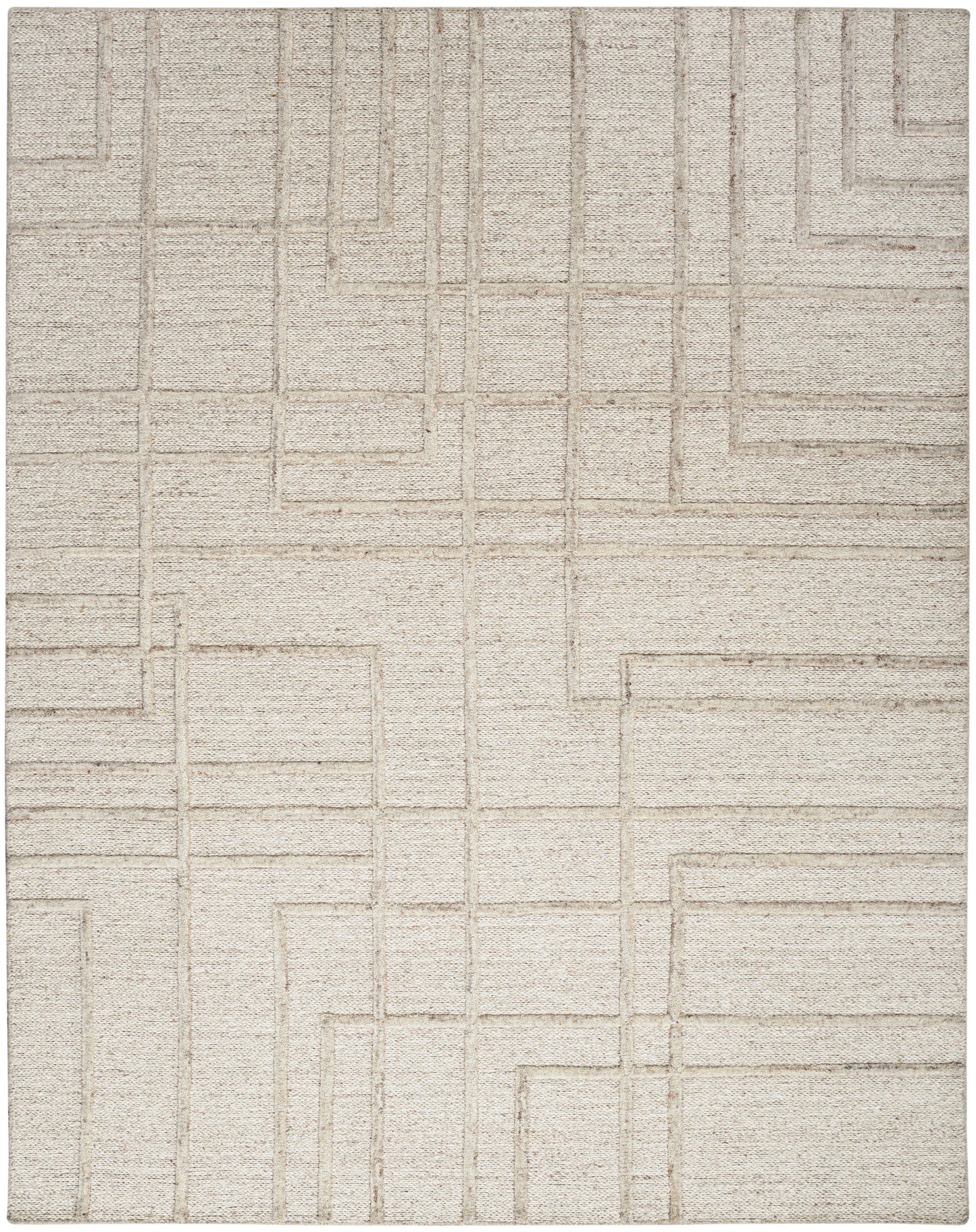 Beige textured rug with a raised geometric rectangular grid pattern for a modern, neutral look.