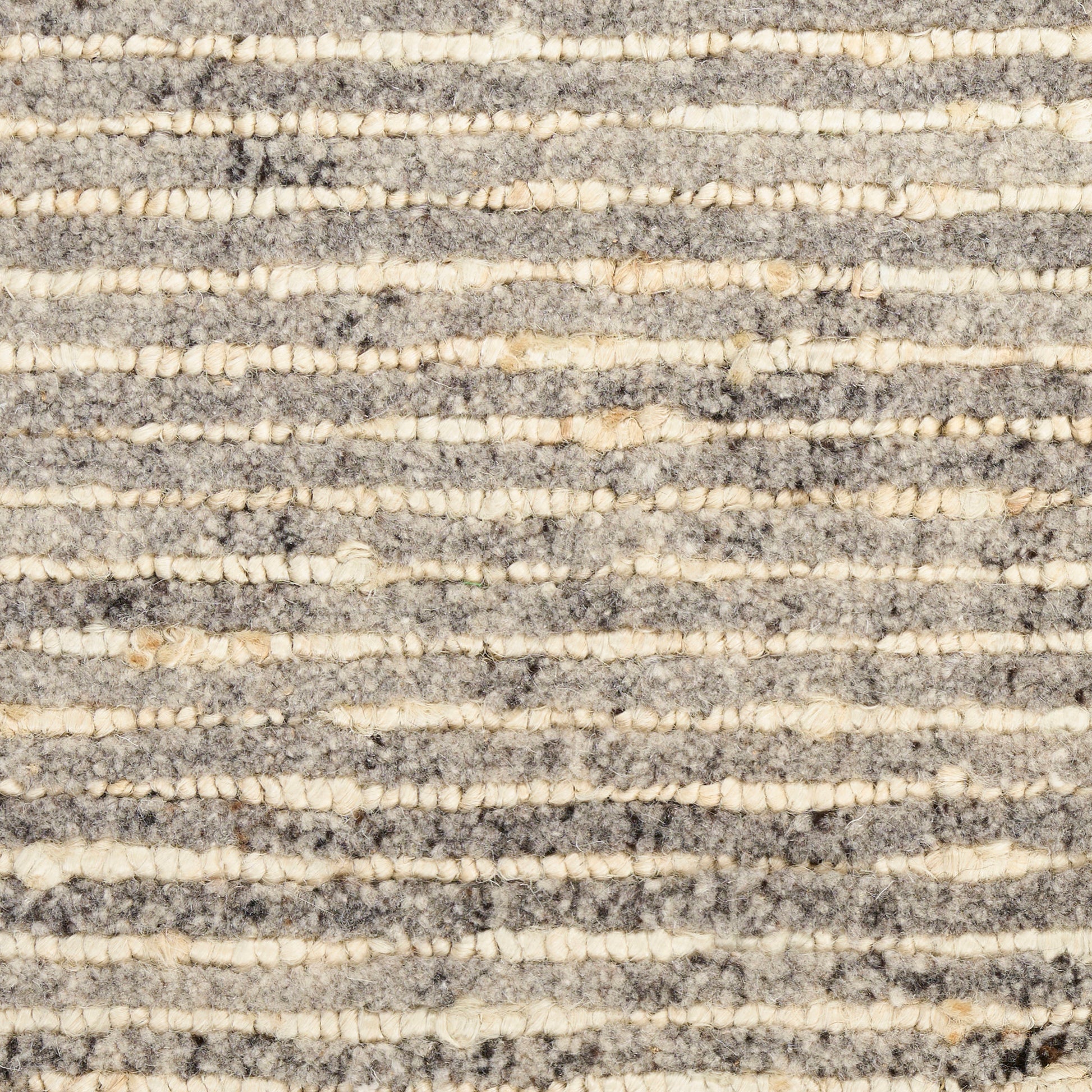Gray textured rug with cream horizontal stripes, boucle looped pile, cozy living-room decor.