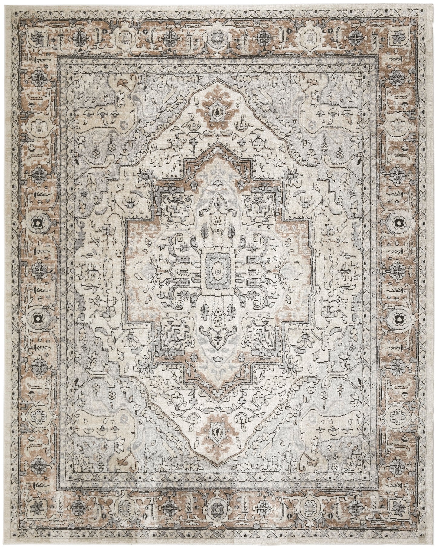 Neutral Persian-style area rug with ivory, gray and taupe, central medallion and distressed floral border.