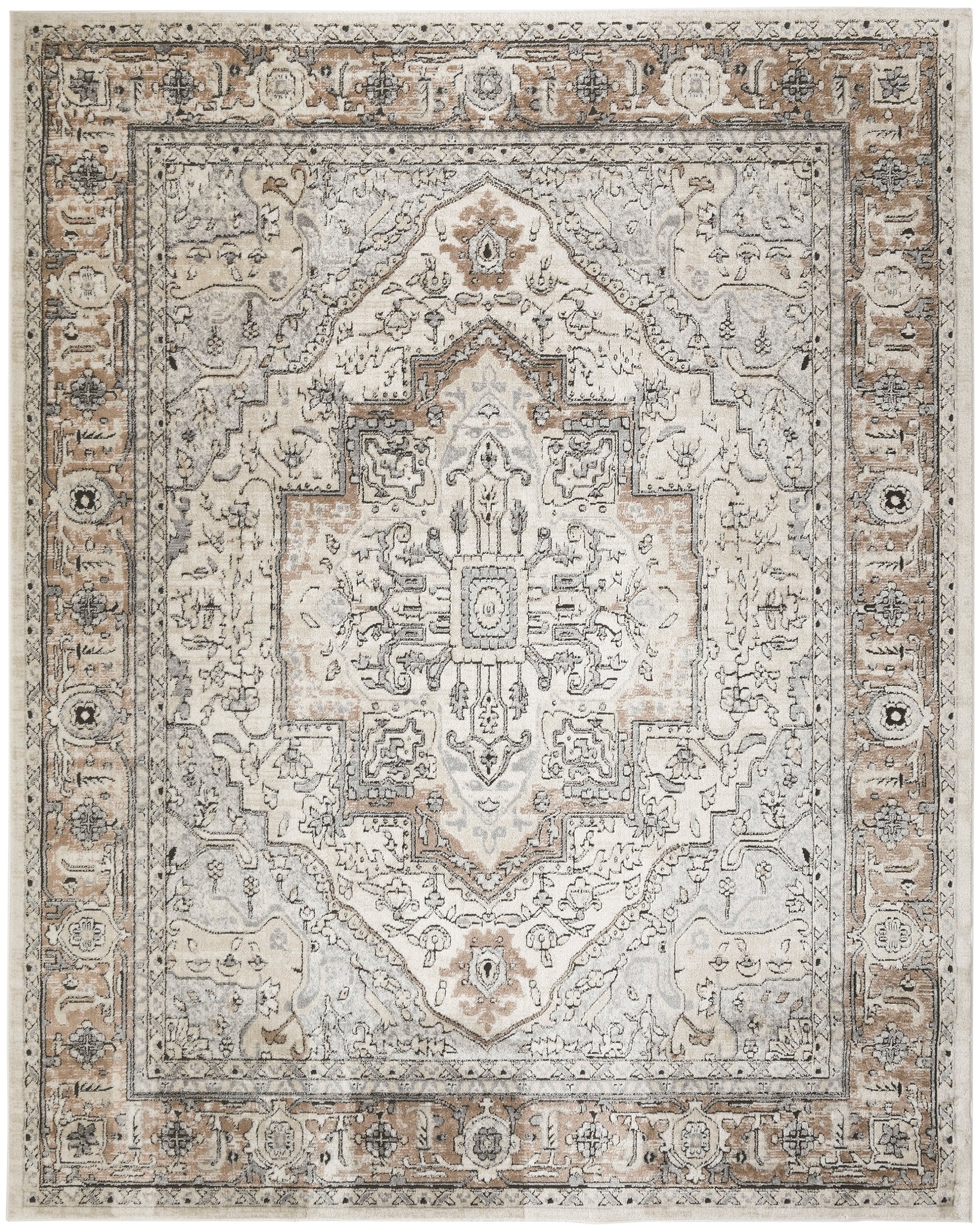 Neutral Persian-style area rug with ivory, gray and taupe, central medallion and distressed floral border.