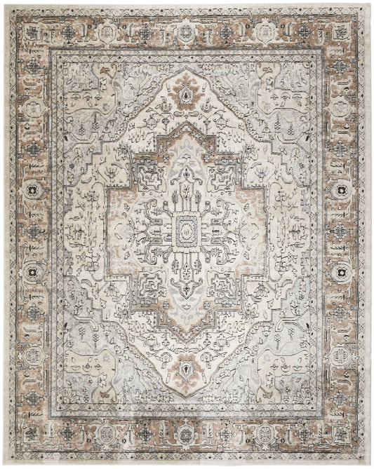 Neutral Persian-style area rug with ivory, gray and taupe, central medallion and distressed floral border.