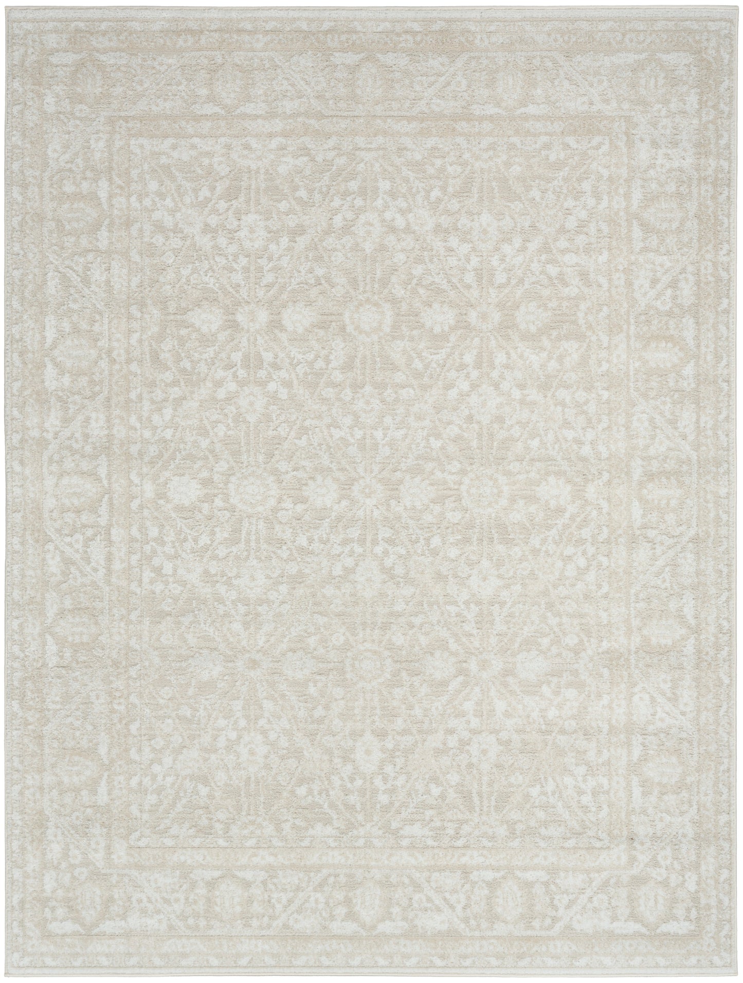 Cream-beige rug with a subtle oriental floral pattern and an ornamental border; rectangular, soft neutral decor.