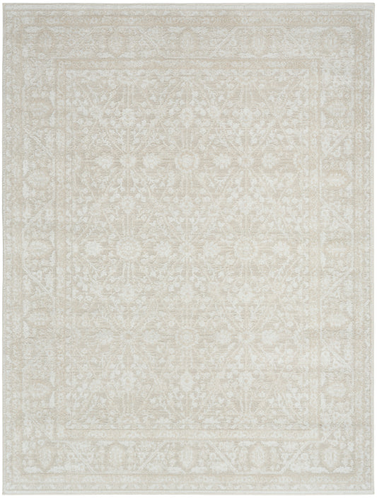 Cream-beige rug with a subtle oriental floral pattern and an ornamental border; rectangular, soft neutral decor.