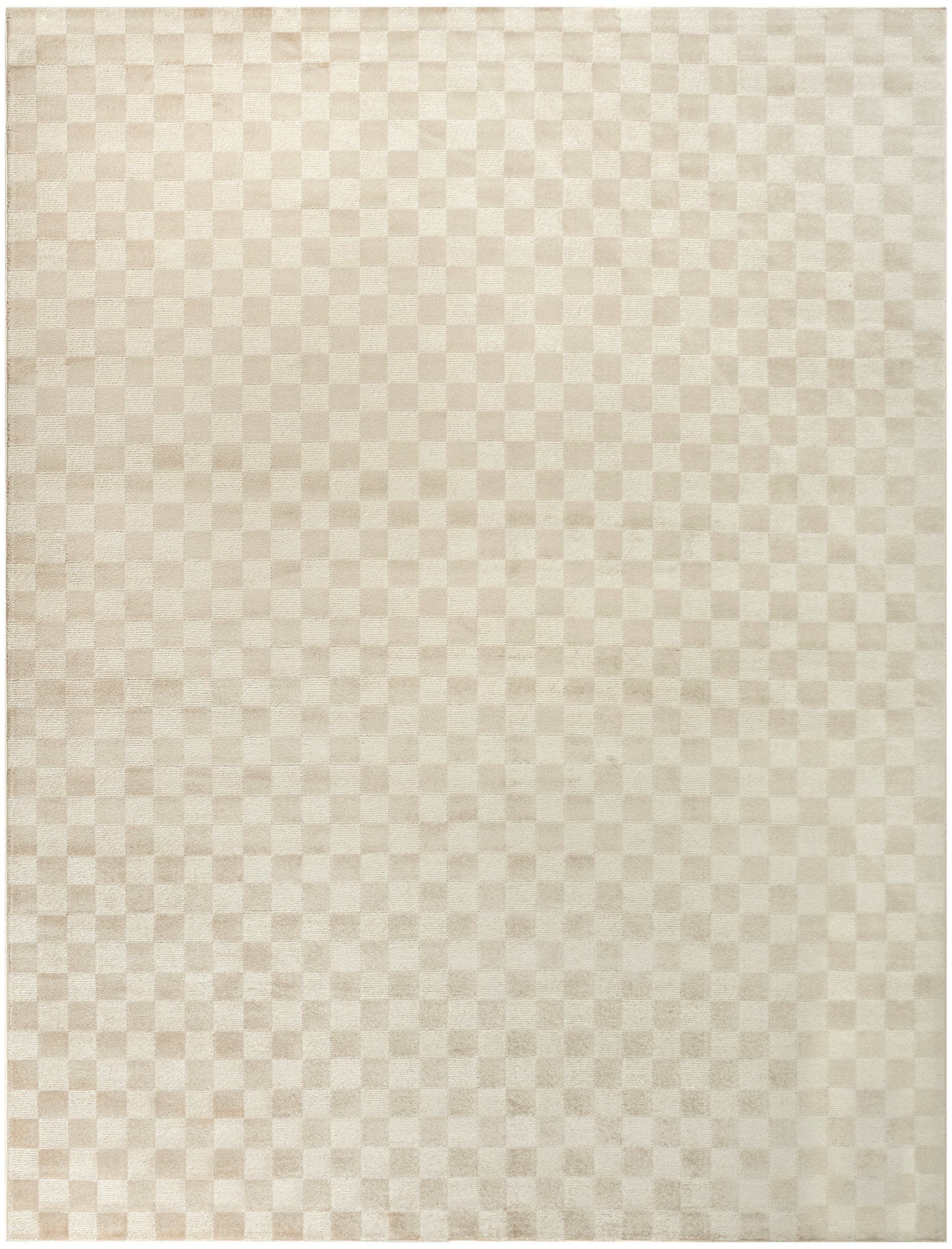 Beige and cream checkerboard rug with subtle woven texture in a rectangular, neutral-toned design.