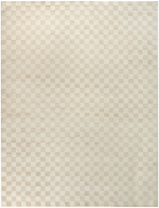 Beige and cream checkerboard rug with subtle woven texture in a rectangular, neutral-toned design.
