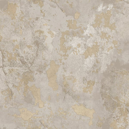 Beige and cream peeling plaster wall with mottled, distressed texture and gold-toned patches.