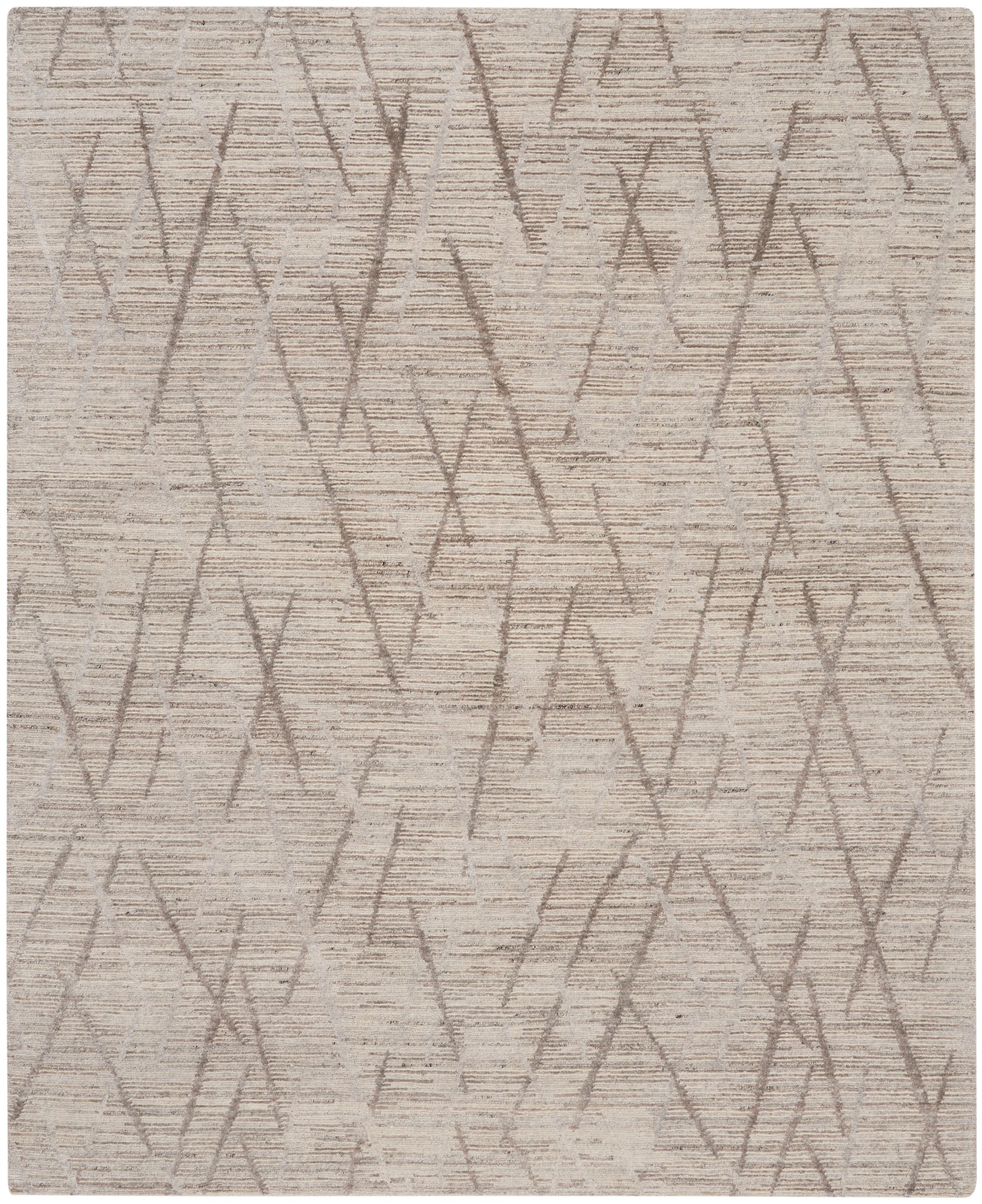 Beige area rug with textured surface and taupe diagonal lines forming abstract geometric X pattern.