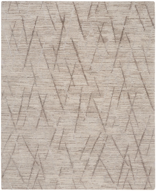 Beige area rug with textured surface and taupe diagonal lines forming abstract geometric X pattern.