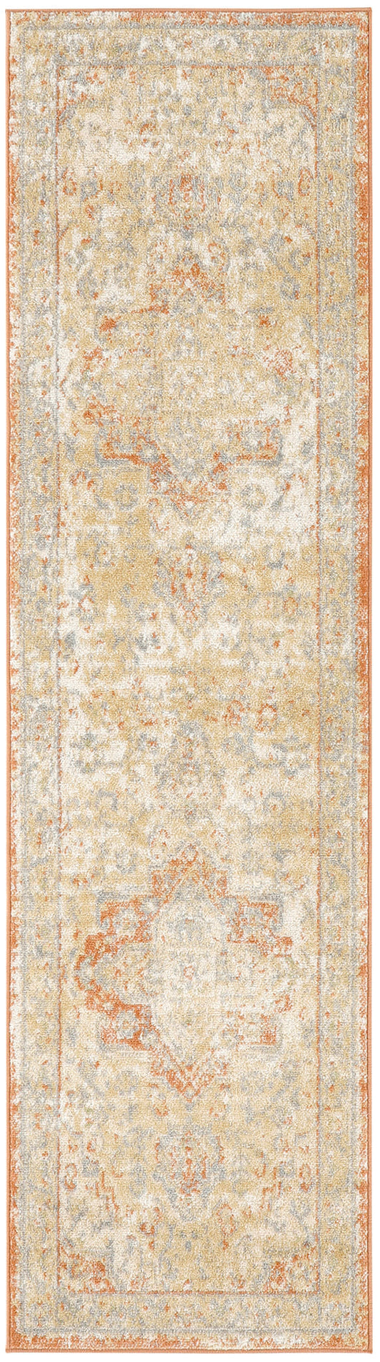Soft-toned runner rug with distressed antique medallion design in cream, pale blue, beige and rust.