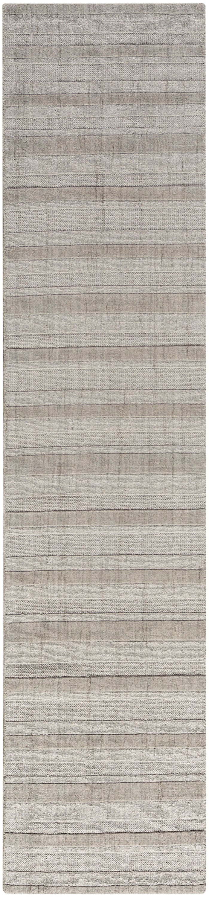 Gray-beige striped textured rug with subtle woven bands for neutral, modern decor.
