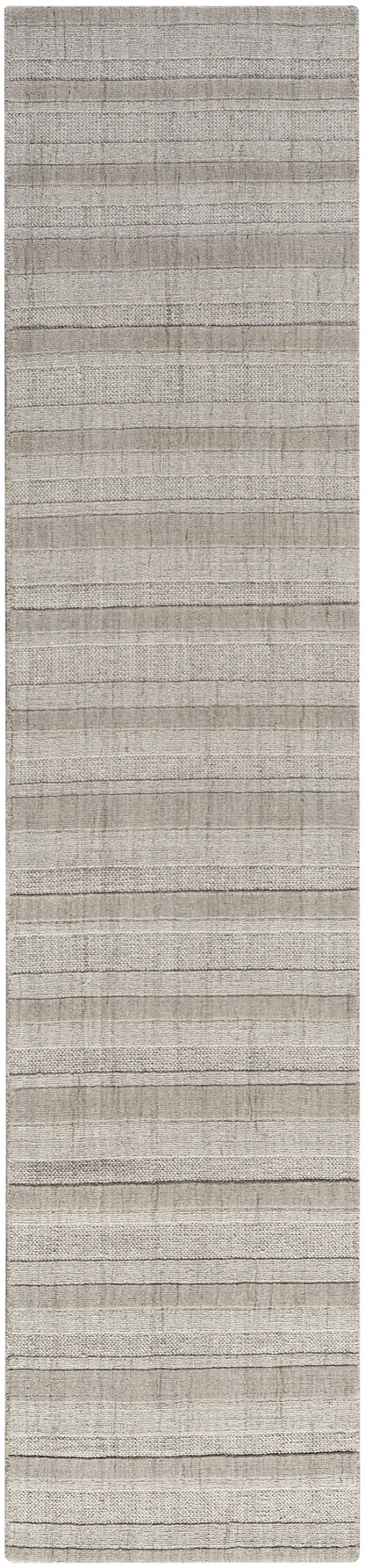 Gray-beige striped textured rug with subtle woven bands for neutral, modern decor.