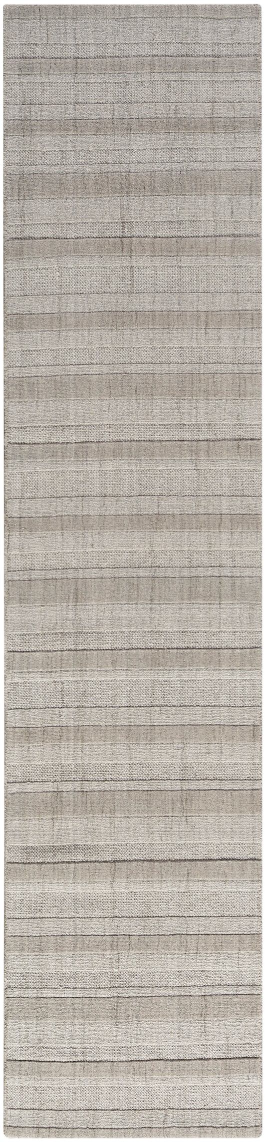 Gray-beige striped textured rug with subtle woven bands for neutral, modern decor.