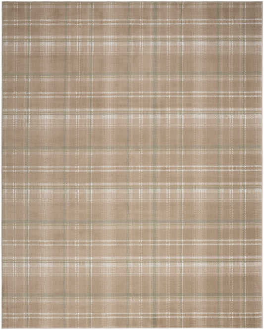 Beige plaid rug with white and light gray stripes; rectangular, rustic-elegant living room floor decor.