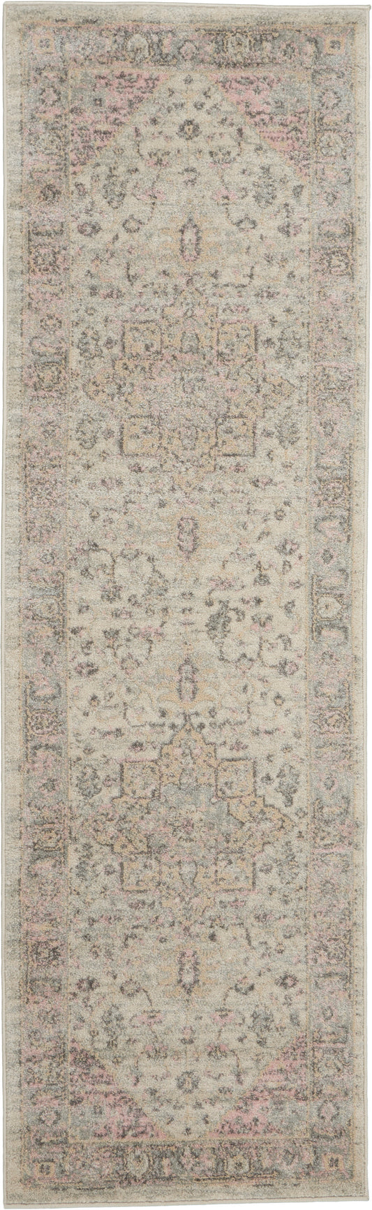 Vintage-inspired beige runner rug with faded pink, sage and blue motifs; traditional Persian/Oriental style, hallway decor.