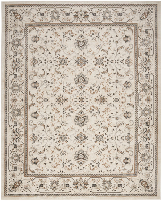 Ornate traditional area rug with cream field, taupe-brown floral motifs, and decorative multi-border design.