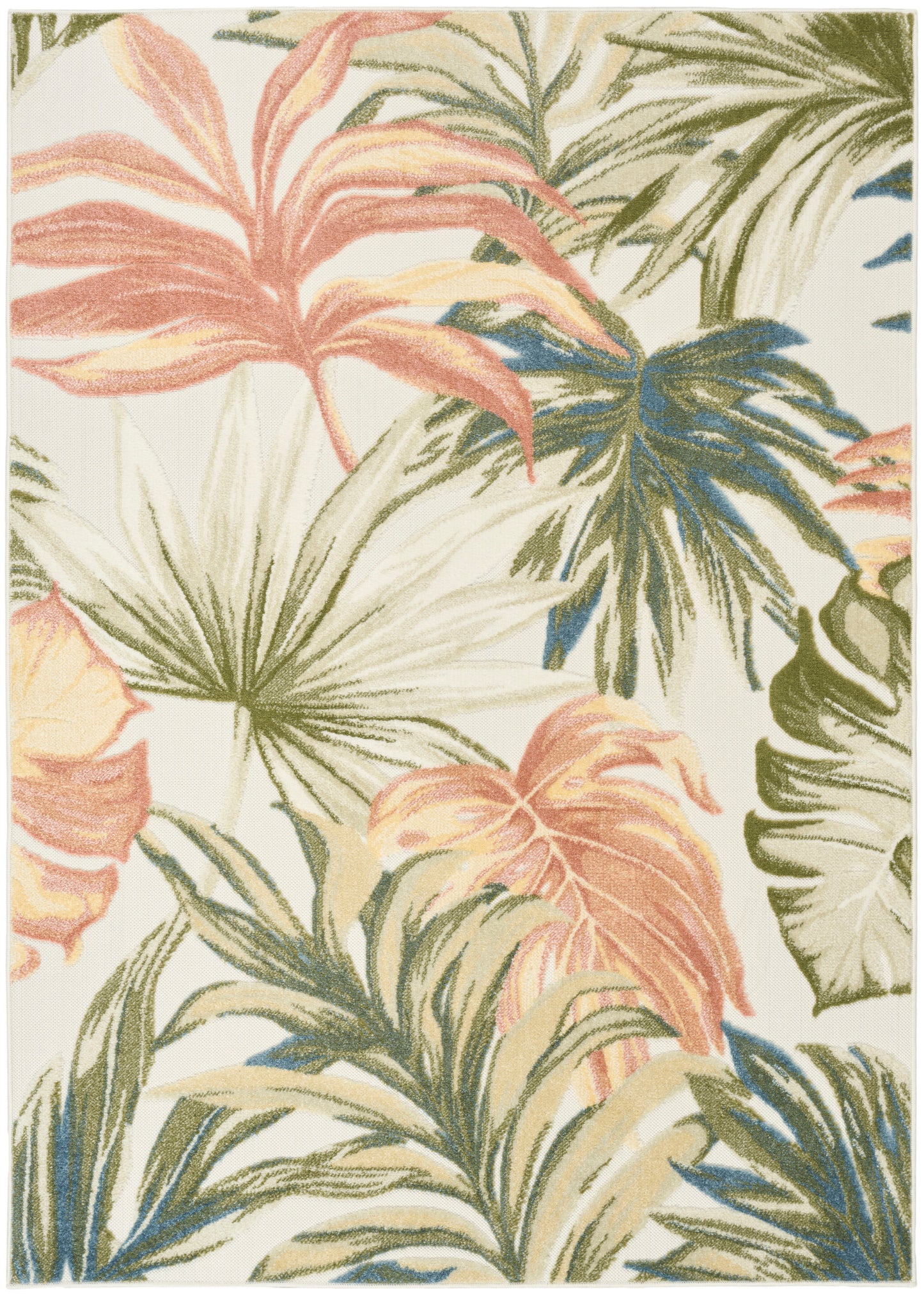 Rectangular area rug with pastel palm leaves in pink, green, and blue on ivory background.