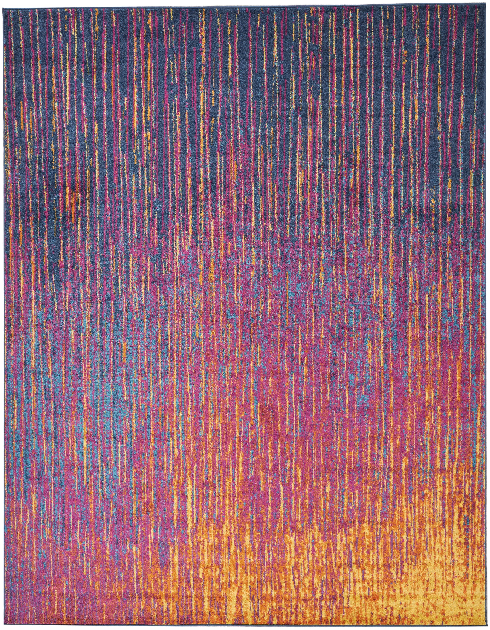 Abstract multicolor rug with vertical streaks of blue, purple, pink, teal and gold; cool-to-warm gradient from top to bottom.