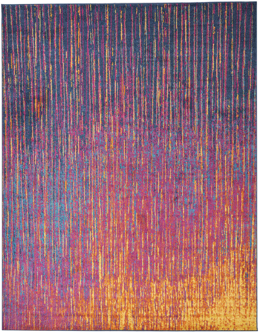 Abstract multicolor rug with vertical streaks of blue, purple, pink, teal and gold; cool-to-warm gradient from top to bottom.