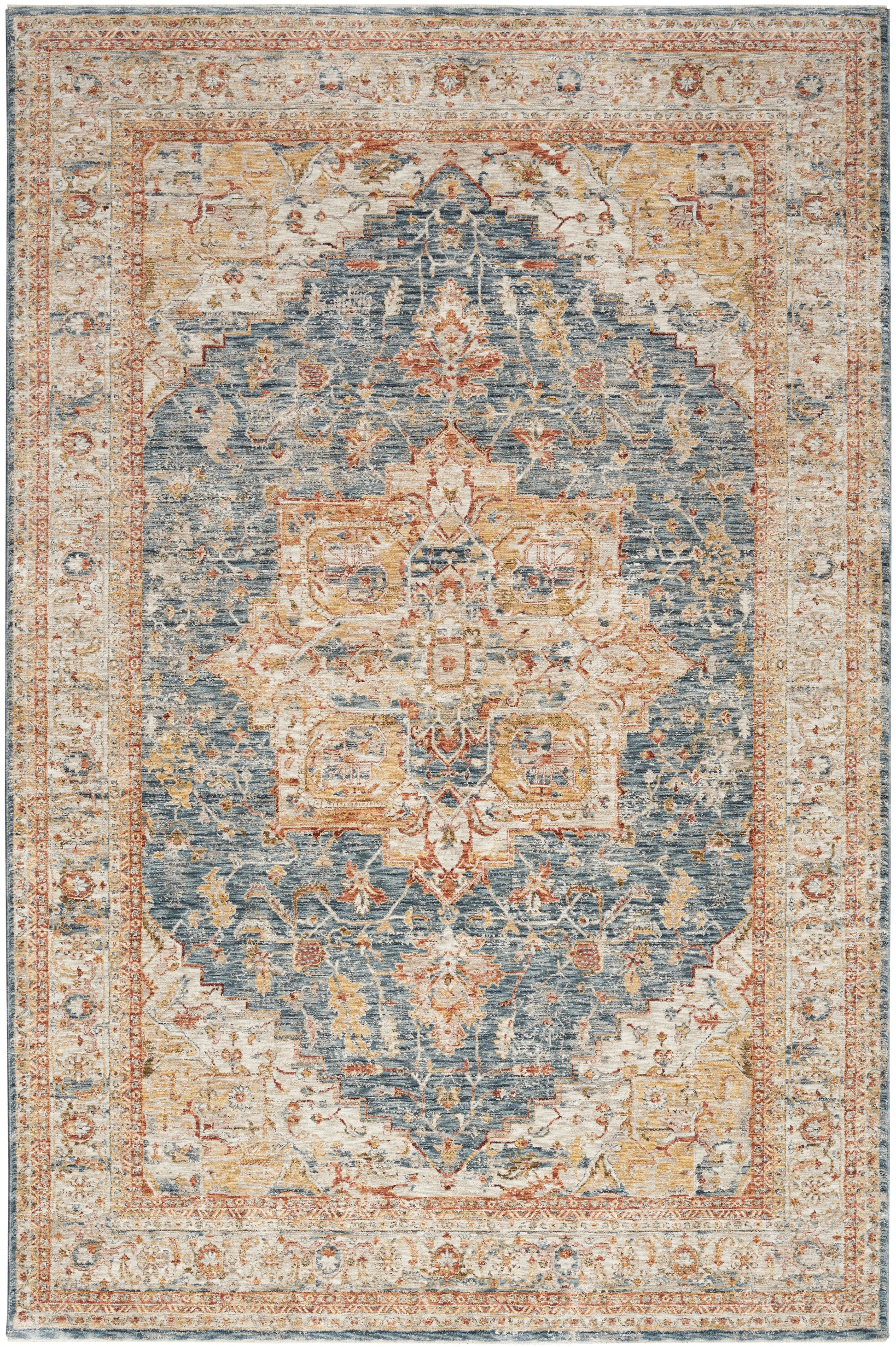 Traditional Persian-style area rug with blue central field and medallion, framed by ivory borders and rust-gold accents.