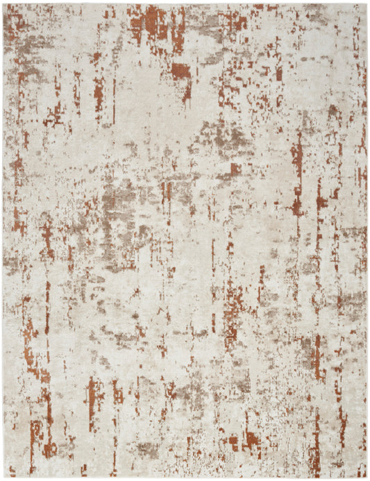 Beige distressed area rug with rust brown abstract streaks for a modern rustic look.