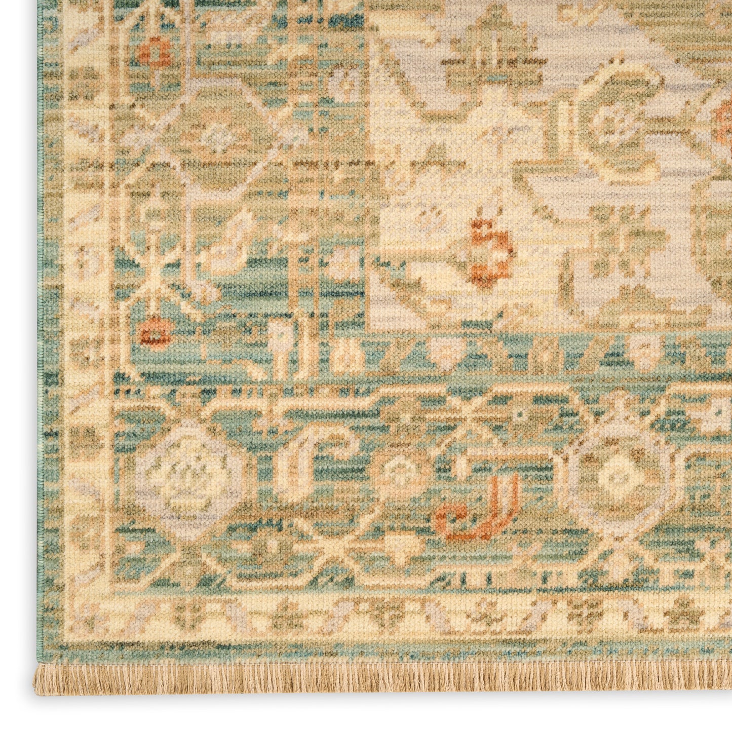 Rectangular fringed oriental area rug in cream, teal and blue with floral medallions and border.