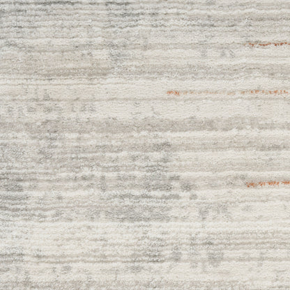 Light gray and ivory striped area rug with distressed texture; soft woven surface for modern living rooms.