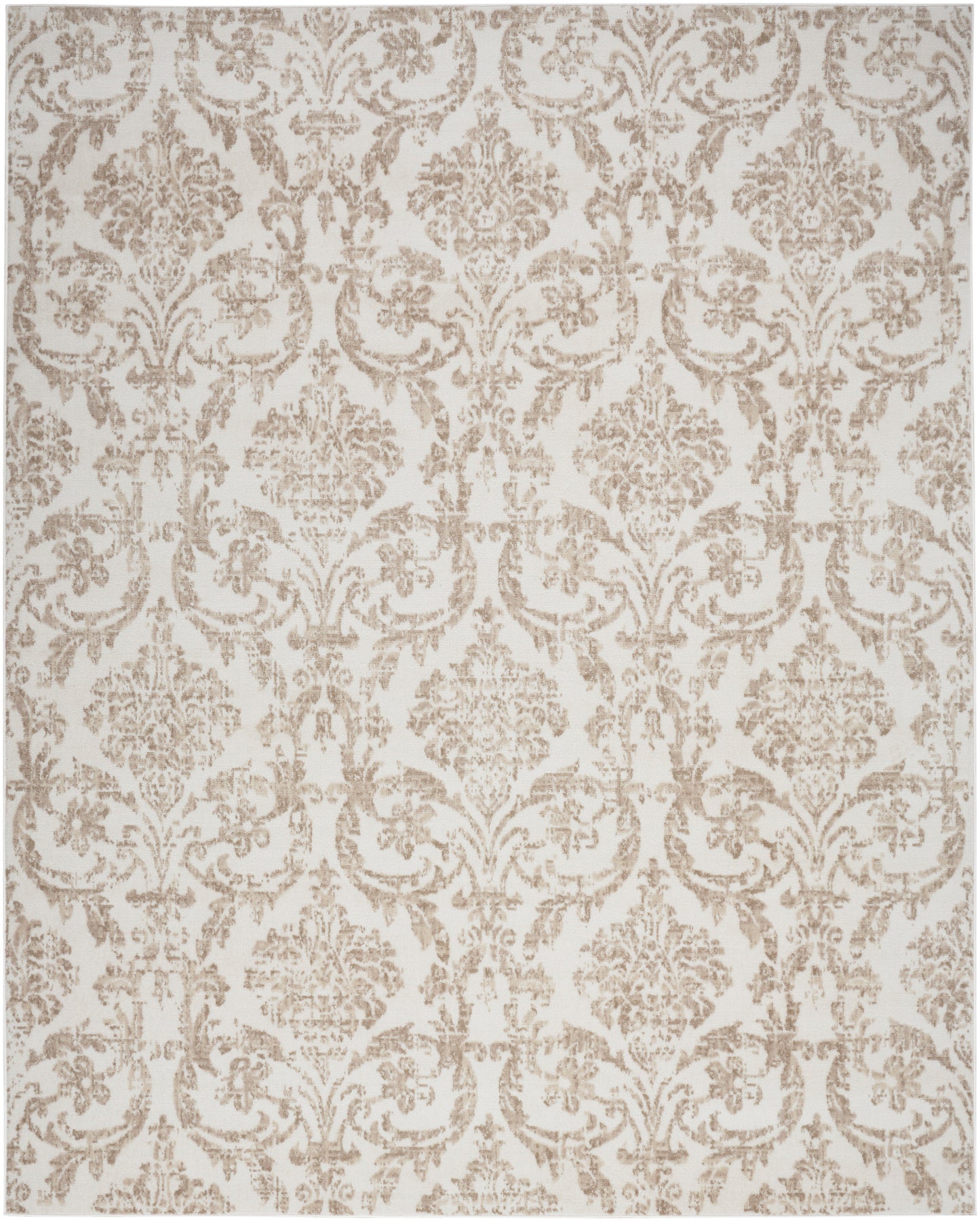 Beige damask-patterned fabric with taupe floral scrolls; ornate vintage-style textile.