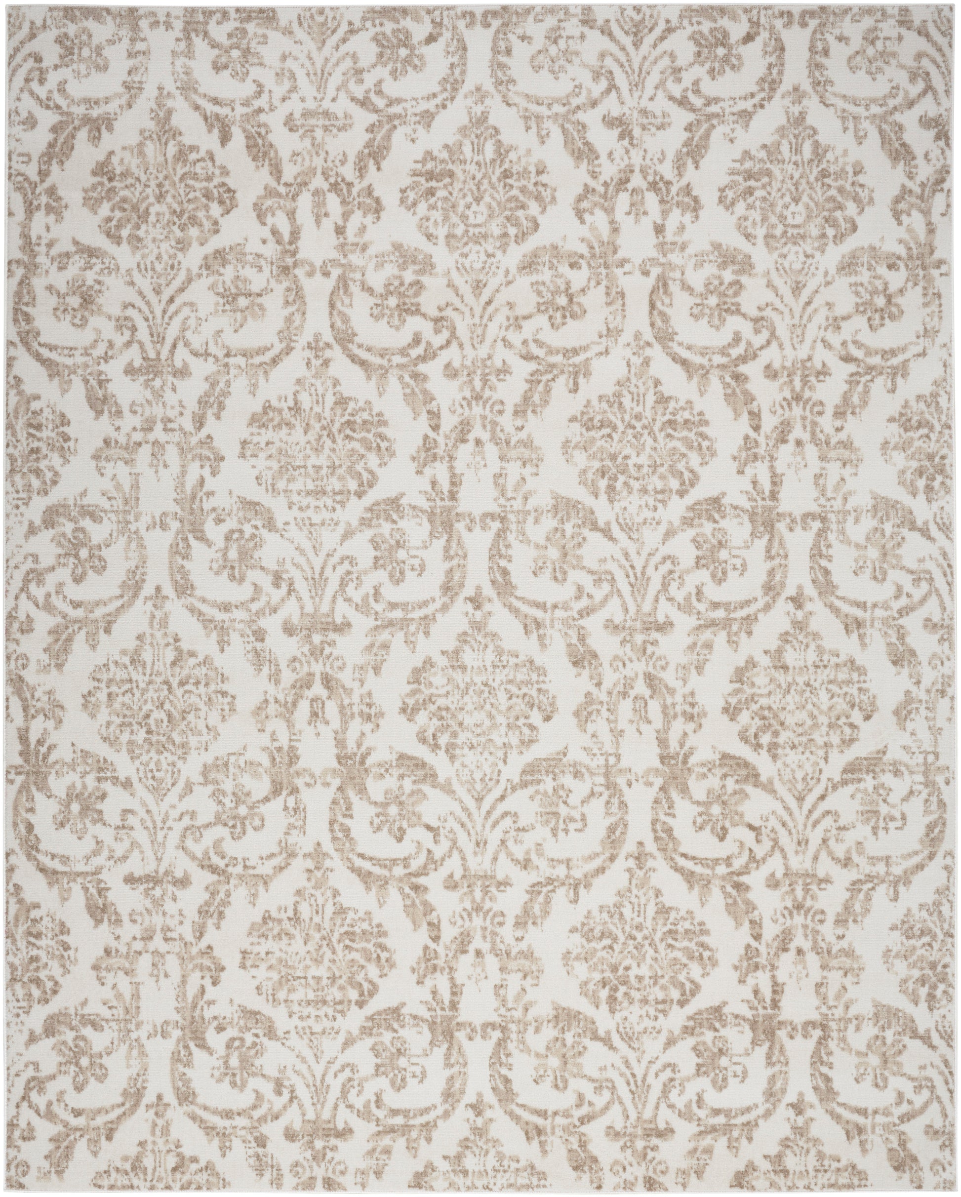 Beige damask-patterned fabric with taupe floral scrolls; ornate vintage-style textile.