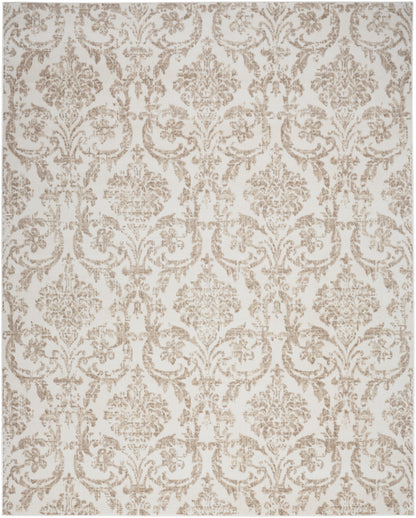 Beige damask-patterned fabric with taupe floral scrolls; ornate vintage-style textile.