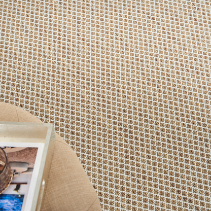Beige woven rug with tan and white check grid; round 8' diameter.