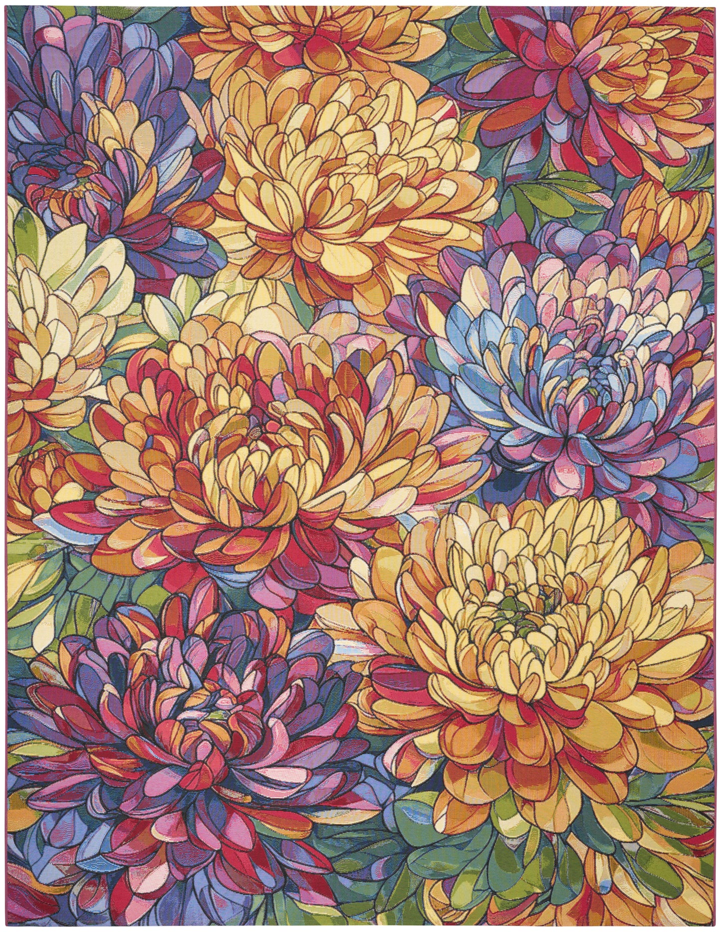 Bright multicolor floral print with large, multi-petaled blooms in yellow, orange, pink, purple and blue.