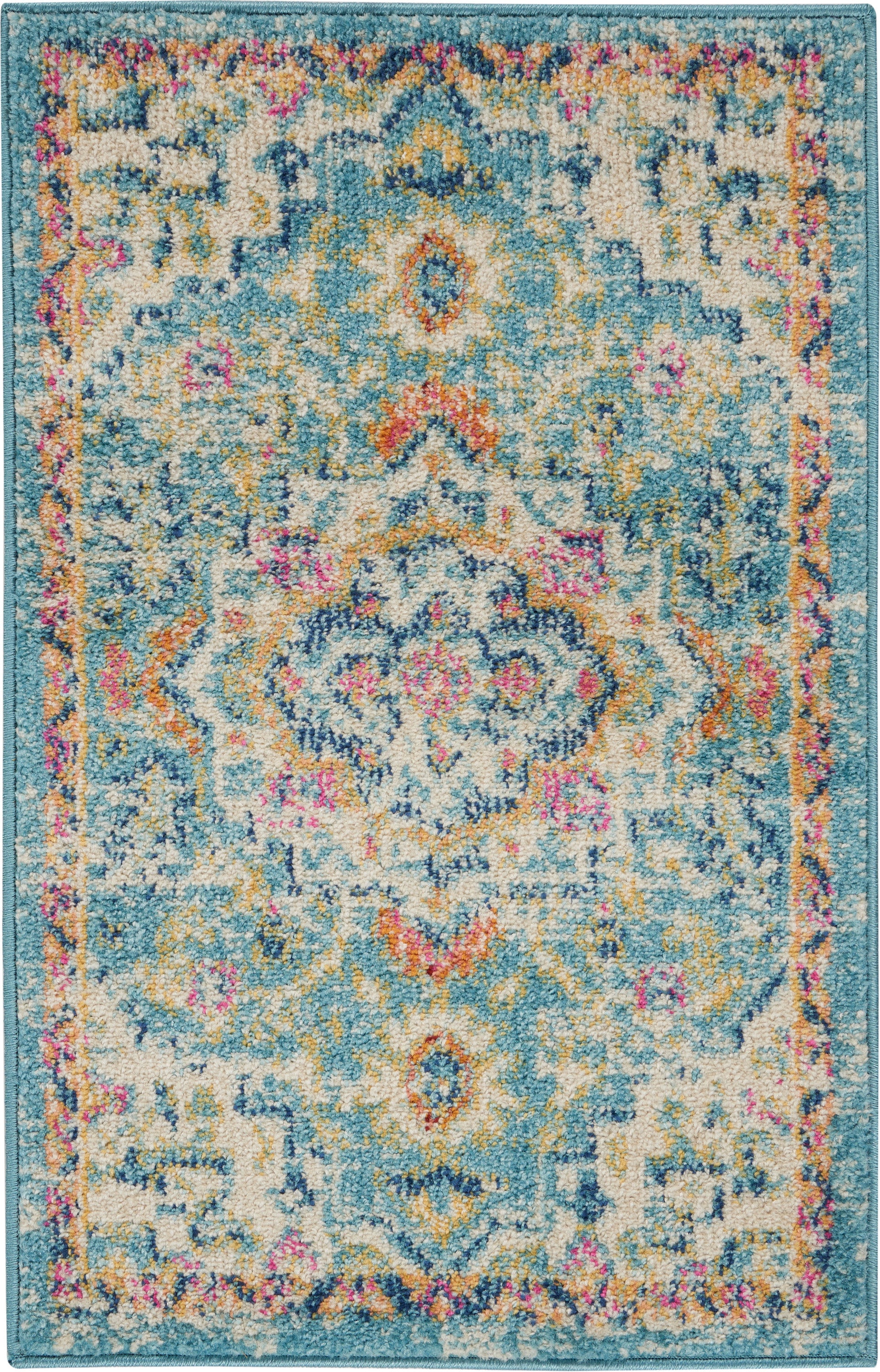 Teal-bordered ivory oriental rug with central medallion and multicolored floral motifs.