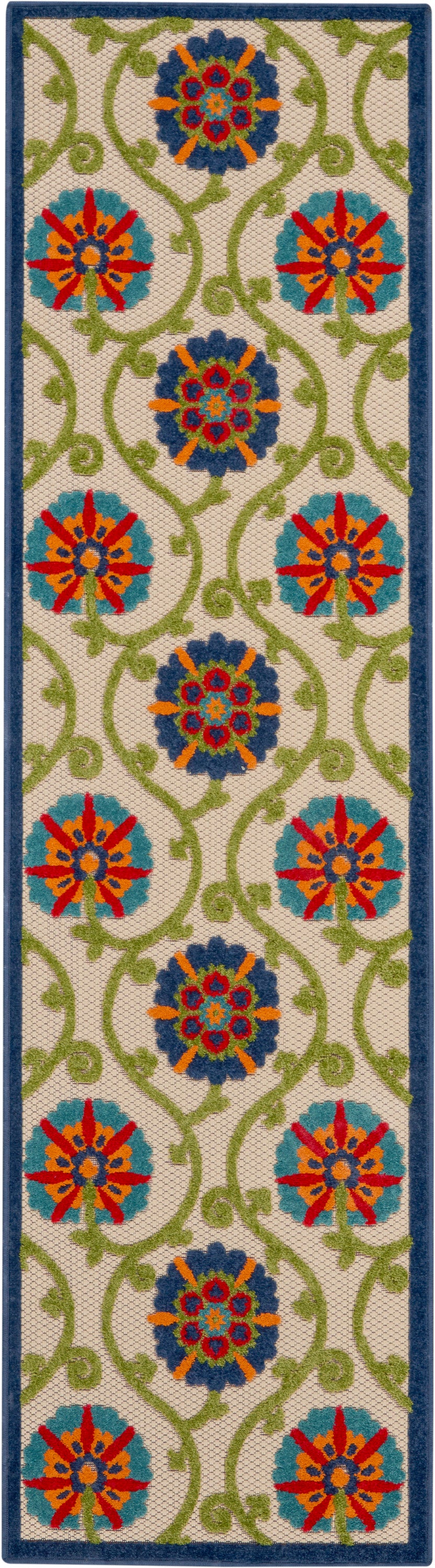 Rectangular rug runner with beige background, green vine scrolls, navy border, and bright turquoise/orange floral medallions.