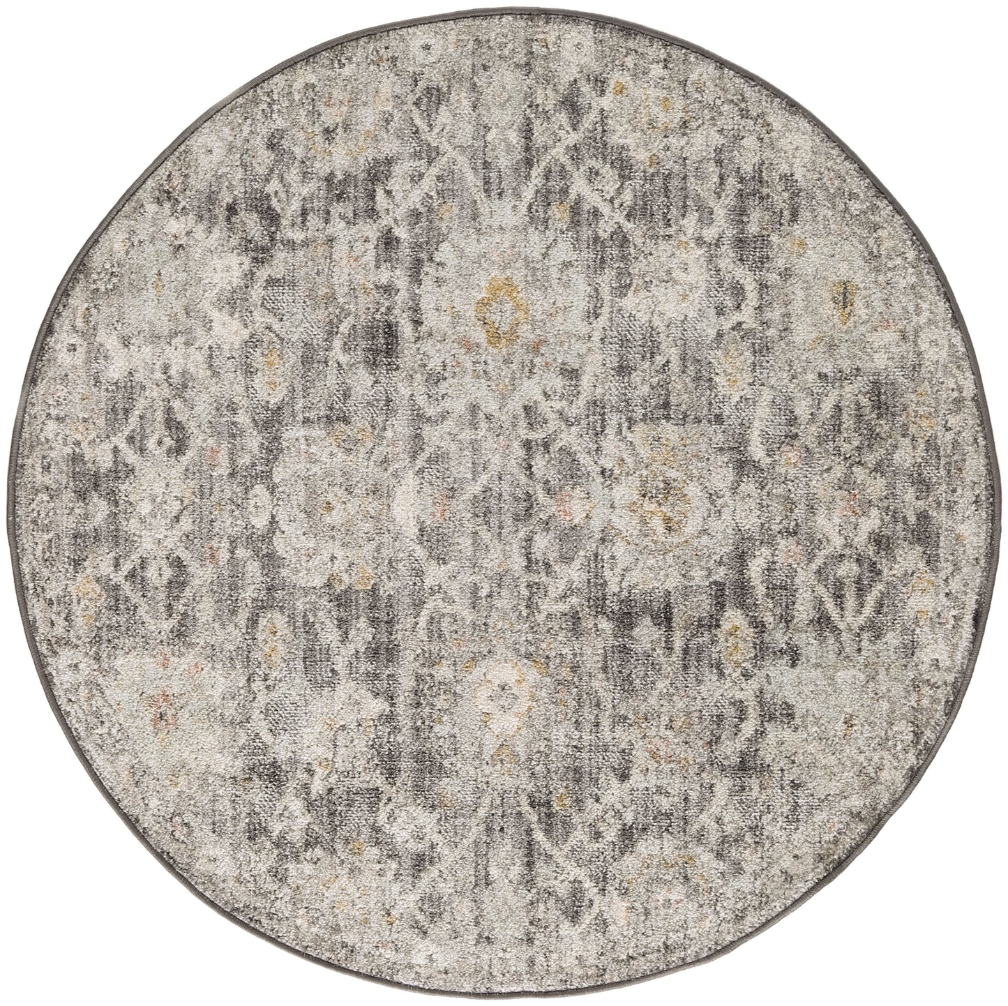 Round gray distressed rug with faded floral pattern and subtle yellow accents.