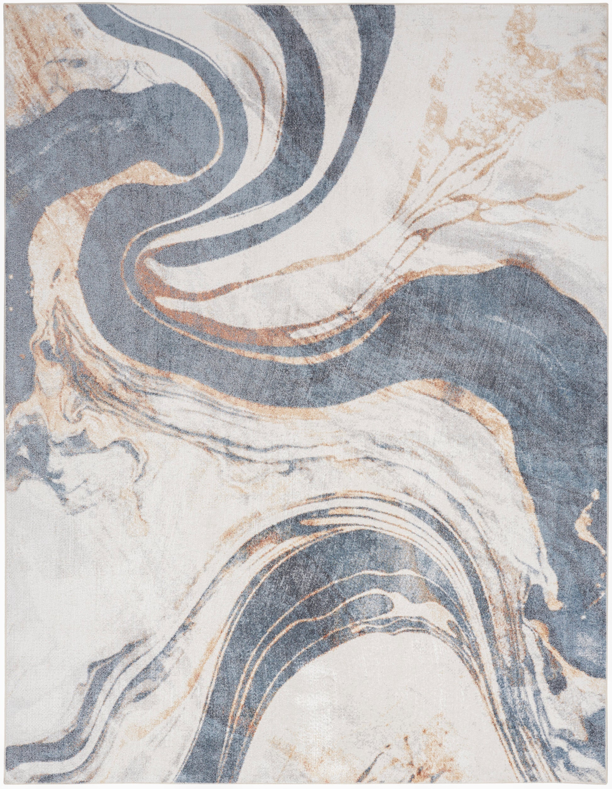 Abstract marbled area rug with blue-gray, cream and tan swirls on a light background.