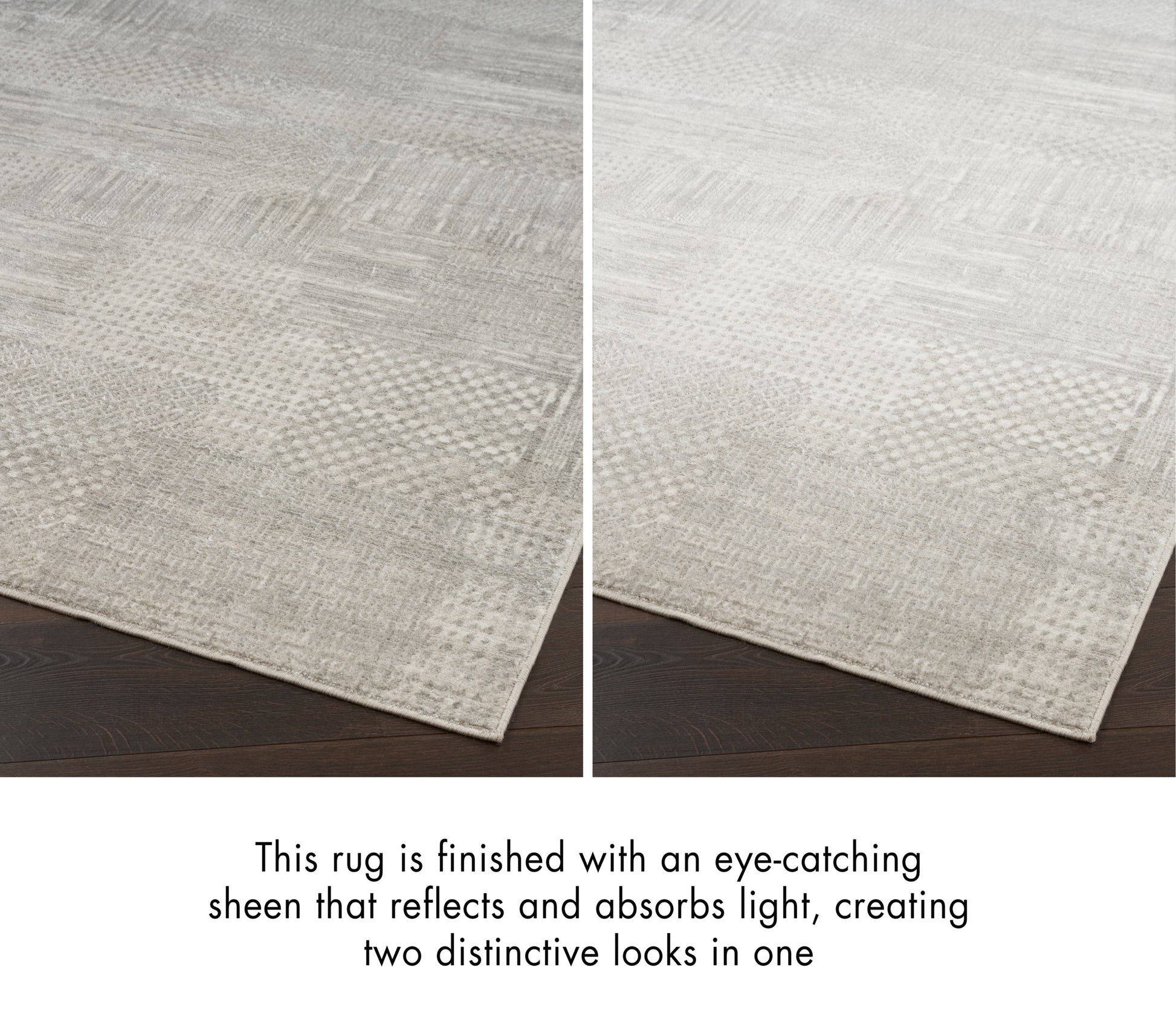 Rectangular gray area rug with subtle patchwork texture and a dual-sheen finish that reflects light for two distinctive looks.