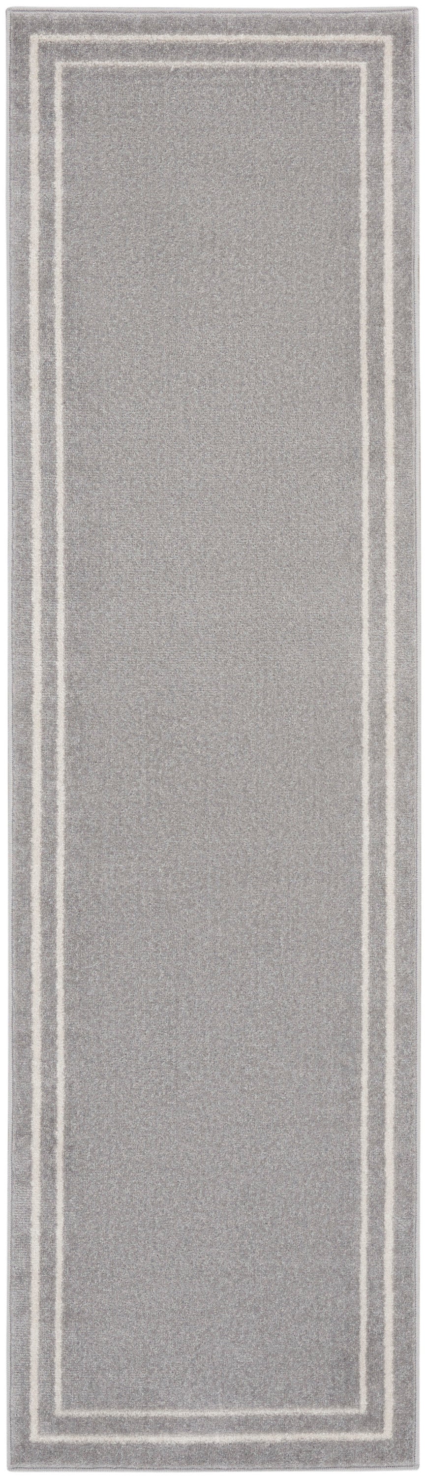 Grey rectangular runner rug with soft texture and double white border lines along the edges.