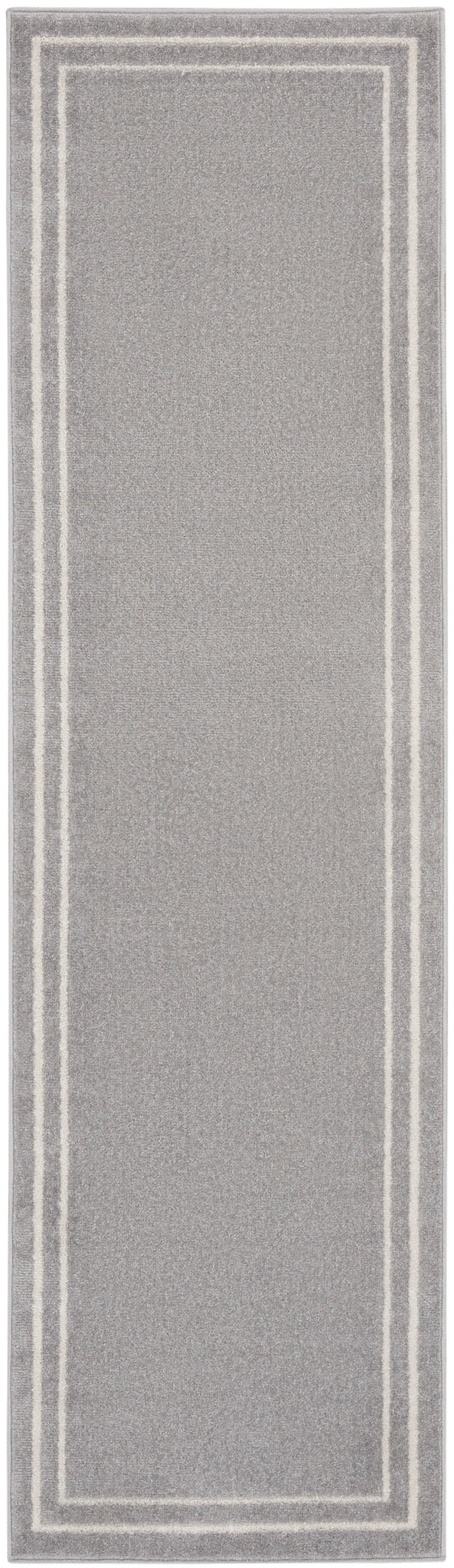 Grey rectangular runner rug with soft texture and double white border lines along the edges.