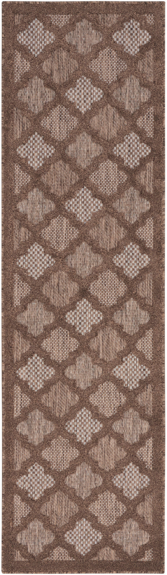 Rectangular brown rug runner with alternating lighter beige diamond patterns and textured woven borders.