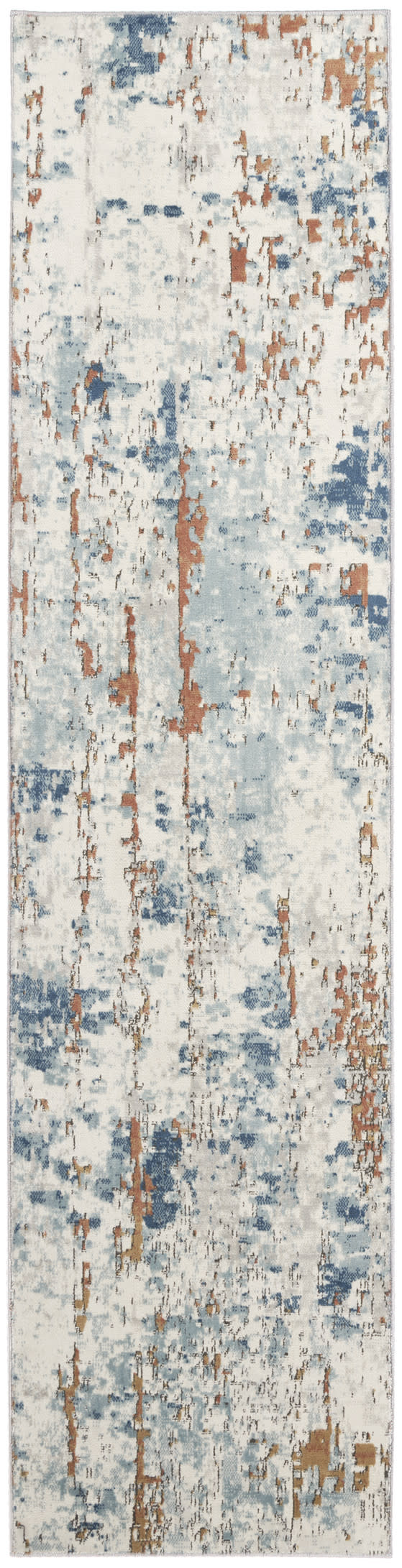Abstract distressed runner rug in cream with blue and rust-orange accents; long rectangular hallway decor