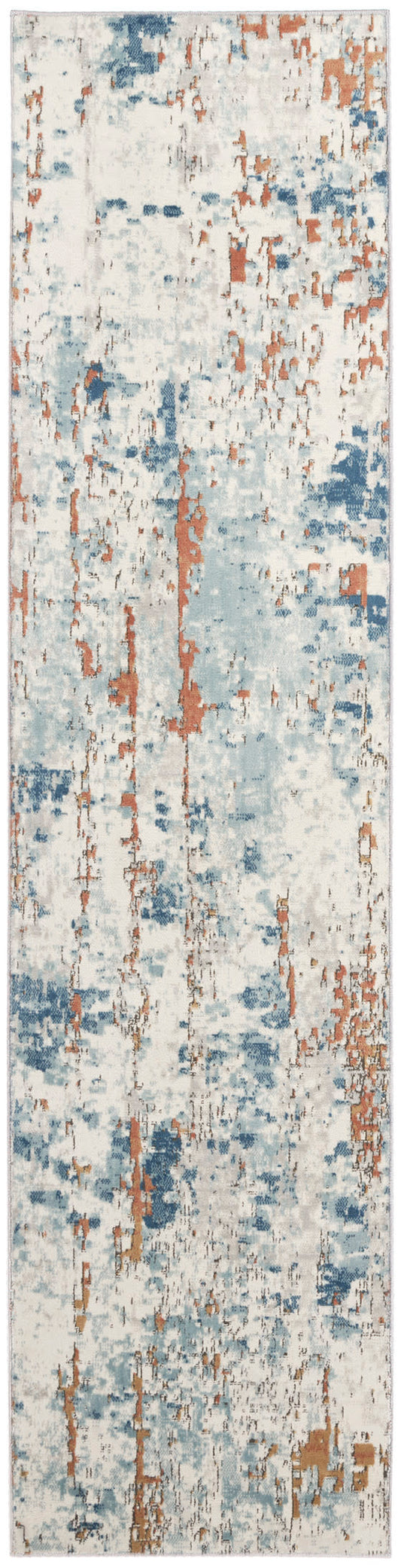 Abstract distressed runner rug in cream with blue and rust-orange accents; long rectangular hallway decor