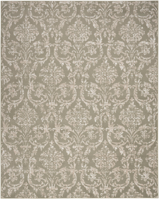 Taupe-gray damask rug & ivory floral motifs; classic vintage style decorative rug for living room.