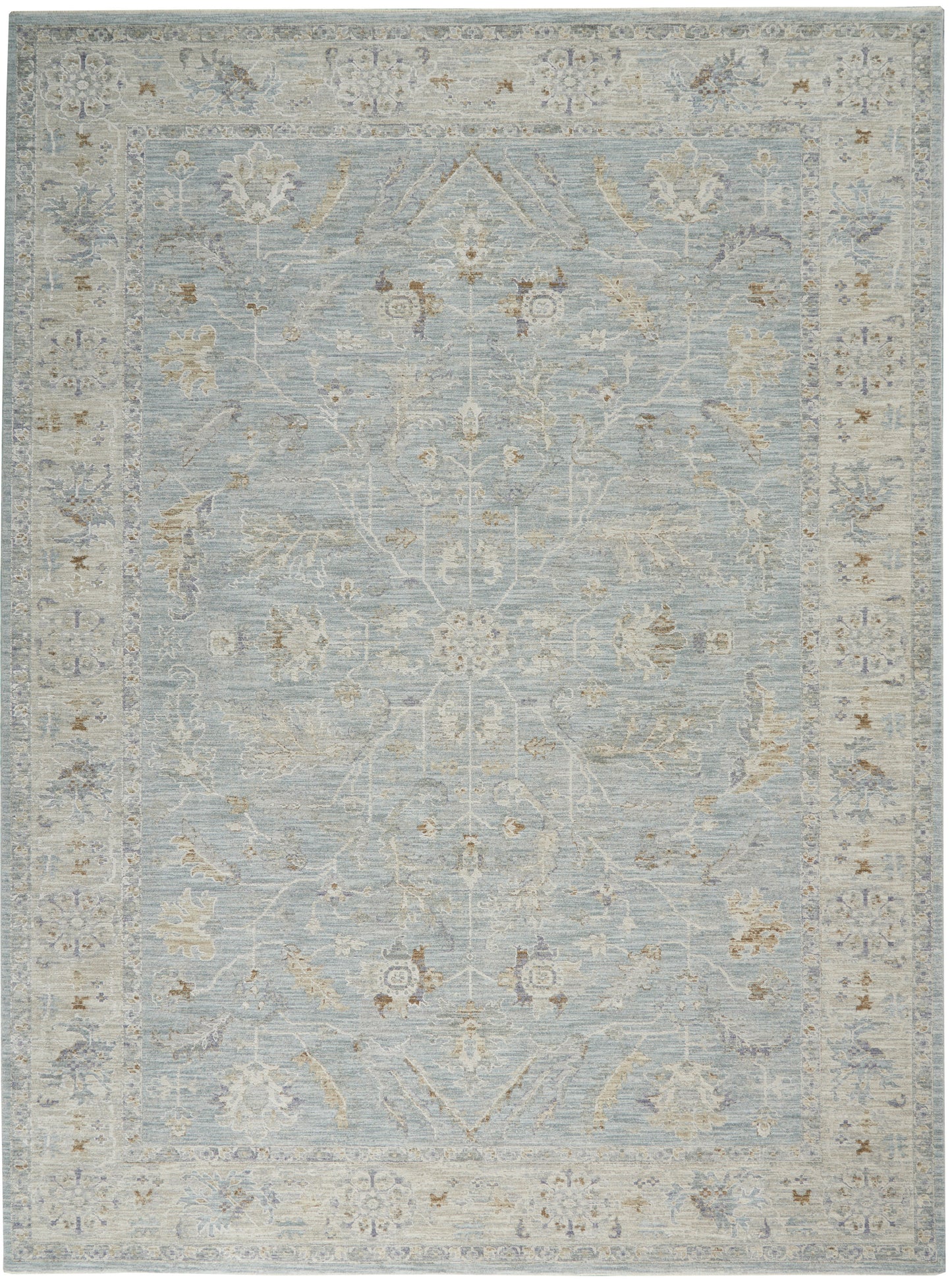 Rectangular light-blue Persian-style rug with ivory border and pale floral vines for traditional living spaces.